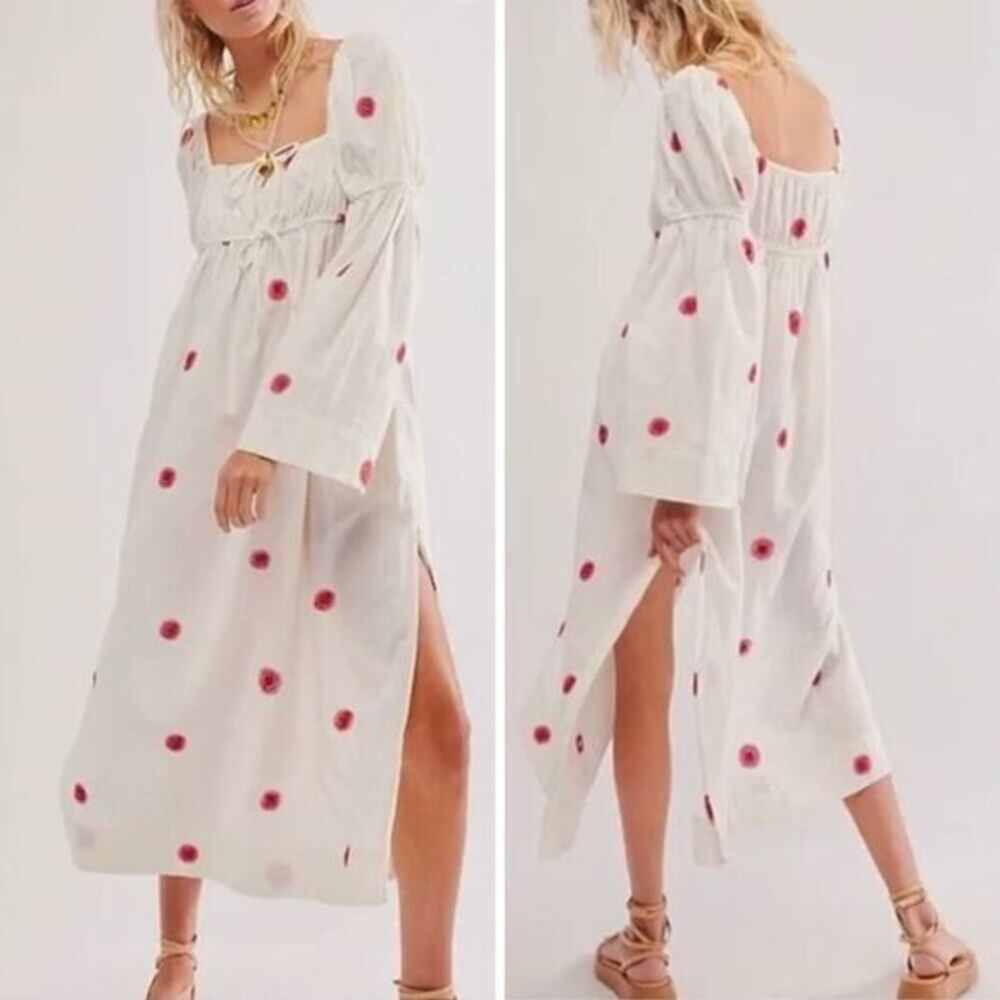 New! Free‎ People Floral Emory Embroidered Sun Midi Dress white red, size XS
